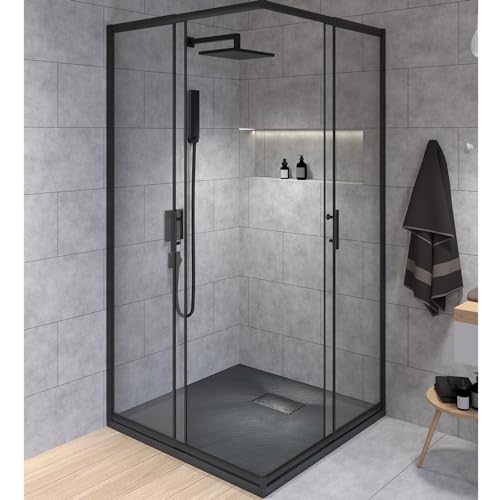 BADLAND Komplettes Set - Duschkabine HELA Schwarz/Chrom + Duschwanne VIDAR 80-90x80-90 193cm - Quadratisch Duschabtrennung Transparent Nano Glas 6 mm, Duschtasse Schwarz/Weiß Steinoptik SMC mit Ablauf