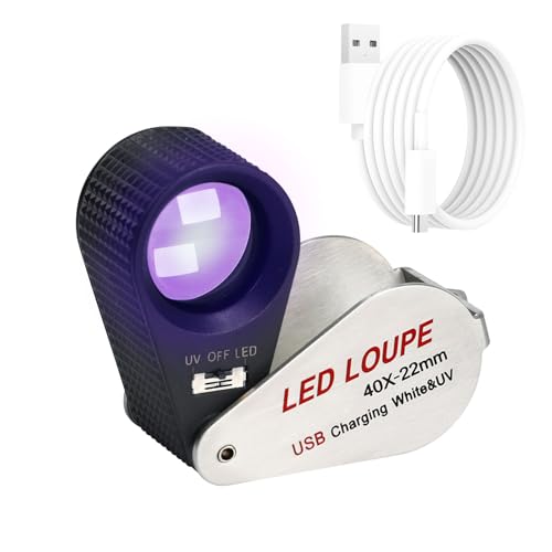 Beleuchtete Juwelierlupe 40x, wiederaufladbare Juwelierlupe, Faltbare Schmucklupe, LED-Lupe mit 6 LEDs und UV-Licht für Edelsteine, Schmuck, Münzen, Briefmarken, etc.