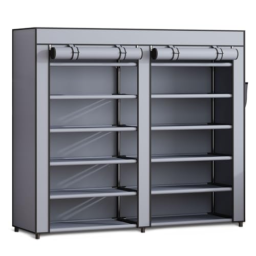 Massido Kleiderschrank Stoffschrank Schuhschrank Faltbar Stabil 12 Ablagen Soffüberzug Stahlgestell 120 x 30 x 110 cm Graphit