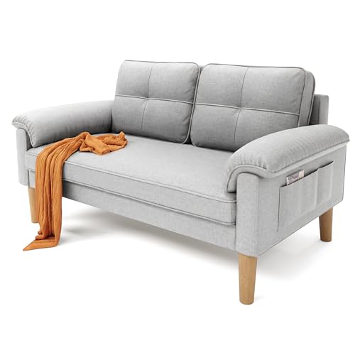 Xbro Sofa 2 Sitzer, 144 x 77 x 77 cm Kleine Couch 2 Sitzer mit Armlehne und Seitentasche, Modernes Stoffsofa für Wohnzimmer, Wohnung, Büro, Einfache Montage, Hellgrau
