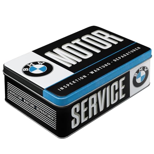 Nostalgic-Art Retro Vorratsdose Flach, 2,5 l, BMW – Service – Geschenk-Idee für BMW Accessoires Fans, Original Lizenzprodukt (OLP), Blech-Dose mit Deckel, Werkstatt-Deko im Vintage Design