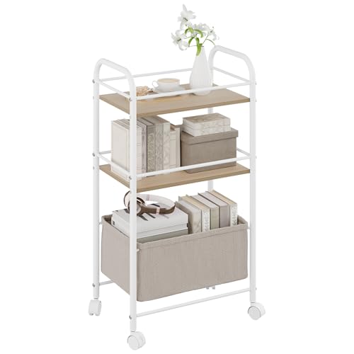 YITAHOME 3-stöckiger servierwagen, rollbarer Küchenwagen mit Holzbrett, Metallgerüst und geflochtenem Korb, rollwagen mit feststellbaren Rollen, Griff, Bücherwagen für Büro, Wohnzimmer(Weiß)