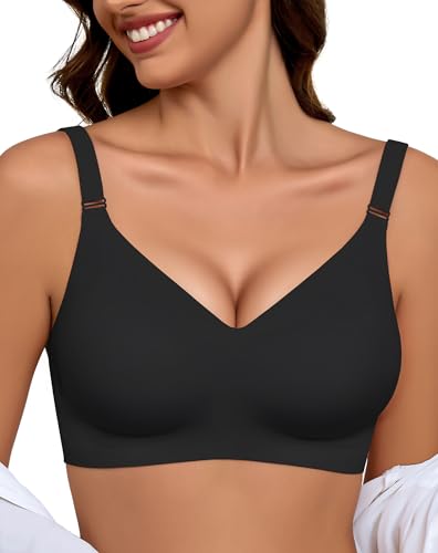 BH Damen Ohne Bügel Push Up BH Gepolstert Soft Nahtloser BHS Seamless Bequemer T Shirt BH Komfort Vollschalen Bra Klassische Bustier Starker Halt Bralette für Noamale Große Brüste Schwarz L