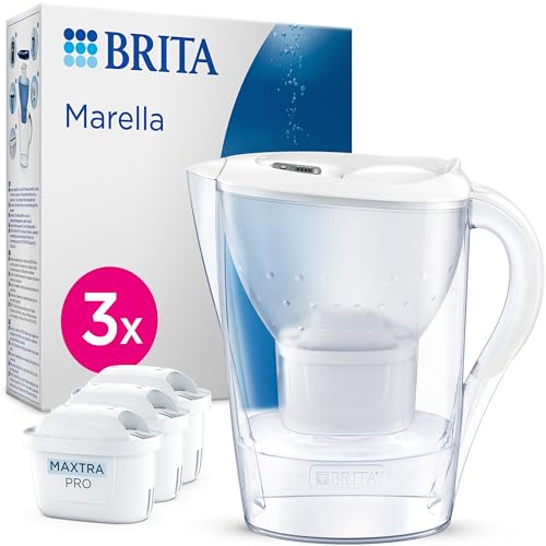 BRITA Wasserfilterkanne Marella weiß (2,4l) inkl. 3x MAXTRA PRO Pure Performance Kartusche – Kühlschrankgeeignete Filterkanne mit BRITA Memo, Klapp-Deckel, filtert Verunreinigungen