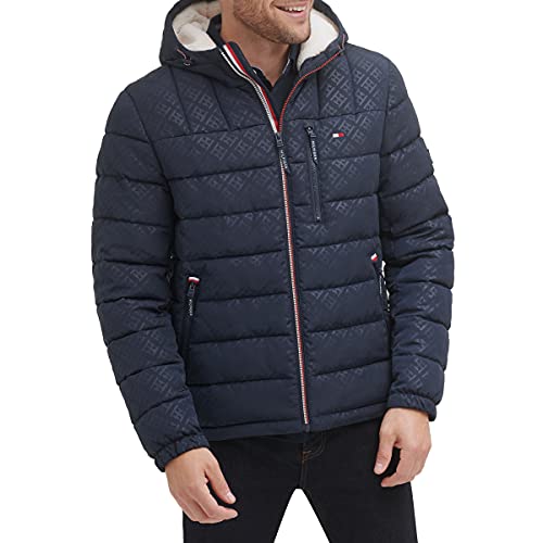 Tommy Hilfiger Herren Midweight Sherpa Lined Hooded Water Resistant Puffer Jacket Mantel, Tommy Logo Tech Navy, L