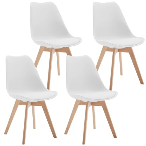 Lestarain Esszimmerstühle 4er Set, Küchenstuhl, Retro Design, Polsterstuhl mit Massivholzbeinen, Esstischstuhl modern, gepolsterter Stuhl, Kunstleder, Weiß, LCNI121001-4