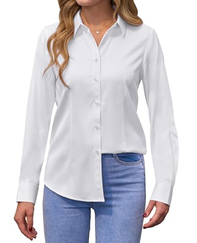 siliteelon Damen Bluse Bügelfrei Weiß Regular fit Oberhemden Frauen Unifarben Weiss Stretch Freizeithemden Businesshemd Anzug Hemd Hochzeit,L