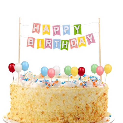 Gleevio Happy Birthday Tortendeko Girlande, Bunt Cake Topper Geburtstag Banner Filz, Regenbogen Tortendeko Geburtstag, Happy Birthday Kuchen Deko, mit 12 Mini Bunt Kugeln Geburtstagstorte Deko