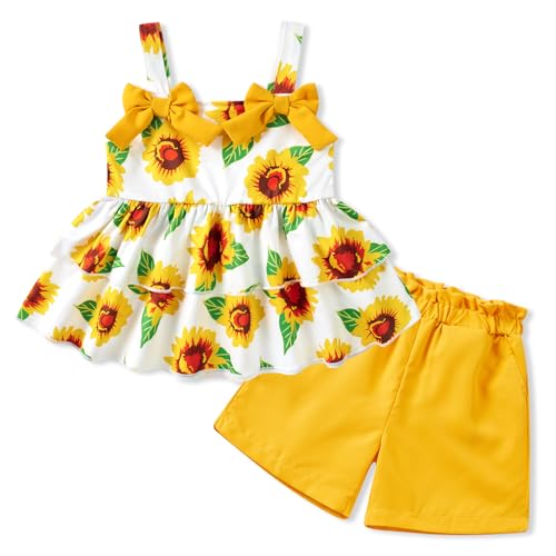 Fanient Outfit Mädchen Set Kleidung Trägertop mit Zweilagigem Rüschensaum Shorts mit Elastischer Bund Sommer Klamotten 3-4 Jahre,4Y