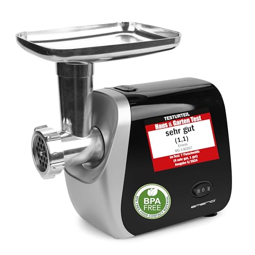 Emerio Fleischwolf | elektrisch | 3 Fleischeinsätze (fein/mittel/grob) + Wurststopfaufsatz + Kebbeaufsatz + Keksaufsatz für 4 Keksformen | BPA frei | Vor- & Rücklauf | 600W | MG-130207