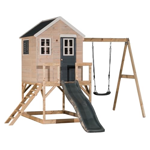 Wendi Toys M24 Stelzenhaus mit Rutsche und Schaukel, Spielhaus aus FSC-Holz für Kinder Garten Outdoor, Podesthöhe 90 cm, 330×350×242 cm, mit 175 cm Rutsche, Sandkasten, wetterfest