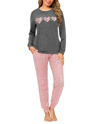 Marvmys Schlafanzug Damen Lang Pyjama Set Baumwolle Zweiteiliger Nachtwäsche Winter Sleepwear und Bedruckte Pyjamahose