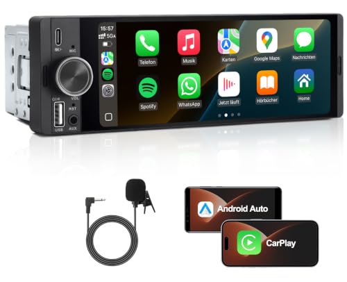 1 DIN Autoradio mit Wireless CarPlay & Android Auto, Auto Radio mit Bildschirm, GPS Navigation, FM, Bluetooth, Freisprecheinrichtung, Lenkradsteuerung, EQ, MirrorLink, AUX (6,36 Zoll)