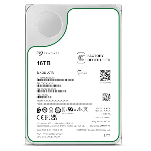 Seagate Exos X18 Enterprise 16TB HDD, CMR 3,5 Zoll, Hyperscale SATA 6GB/s, 7.200 U/min, 512e, 4Kn FastFormat, geringe Latenz mit verbessertem Caching, Modellnr.: ST16000NM000J (Generalüberholt)
