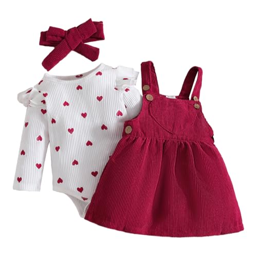 LUVCES Neugeborenes Baby Mädchen Röcke Sets Rotes Herz Rüschen Top + Knopf Overall Hosenträger Skirt + Stirnband Kleidung Outfits Set 3Pcs Rotes Liebesherz 0-3 Monate