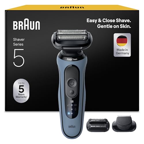 Braun Series 5 Elektrorasierer Herren, Rasierapparat mit 50 Min. Akkulaufzeit, +2 Aufsätze, Kabelloser Nass- und Trockenrasierer für Männer, Made in Germany, Wasserdicht, 52-A1820si, Azurblau