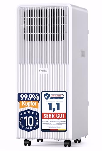 KresicoKlima Mobile Klimaanlage 9000 BTU, Klimaanlage Mobil mit Abluftschlauch, Mobiles Klimagerät für Räume bis zu 90m³/33m², Klimagerät mit Timer 24H, Fernbedienung