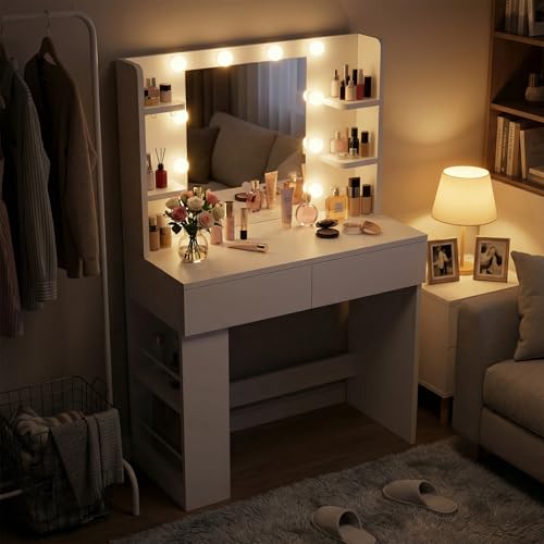 Devoko Schminktisch mit Beleuchtung und Spiegel 55x45cm, moderner Frisiertisch mit Steckdose & USB-Ports, 3 Farbmodi, 2 Schubladen & Verstellbarer Seitenkasten, Makeup Table für Schlafzimmer, Weiß