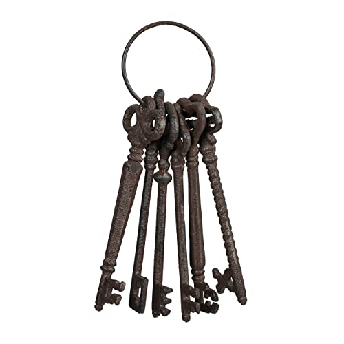 Relaxdays Deko Schlüsselbund, antik, 6 Schlüssel, nostalgische Gartendeko Gusseisen, große Vintage-Schlüssel, braun
