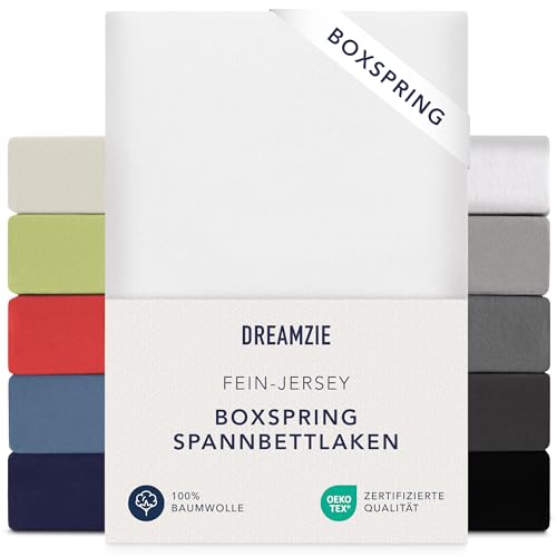 Dreamzie Premium Spannbettlaken 180x200 cm - 200x200 cm - 37cm Seitenhöhe - auch für Boxspringbett & Wasserbett - Bettlaken Boxspringbett 100% Jersey Baumwolle, 150 g/m² - Oeko-TEX - Weiß