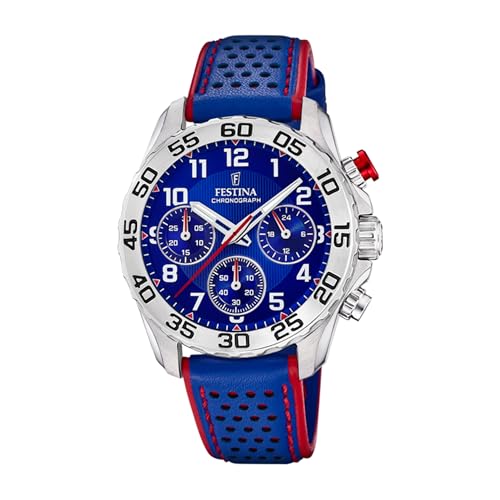 Festina Kinderuhr Analog Leder Blau - Quarz Chronograph - Mineralglas hochresistent - 5 ATM wasserdicht - Klassisch F20458/2 - Junior Collection