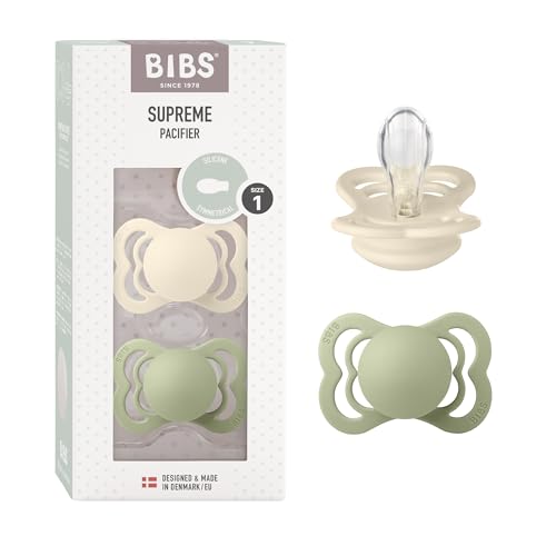 BIBS Supreme Schnuller 2er-Pack, BPA-frei, Symmetrischer Nippel. Silikon, Hergestellt in Dänemark. 0-6 Monate (2er Pack), Ivory/Sage