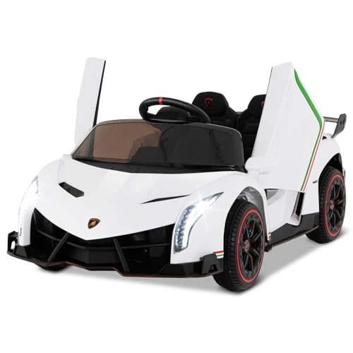 FANTASK Lamborghini Kinder Elektroauto 12V, Kinderauto Elektro mit 2,4 G Fernbedienung & LED Scheinwerfer & Hupe & Musik, Elektrofahrzeug 2 sitzer, 3-6 km/h, für Kinder ab 3 Jahren (Weiß)