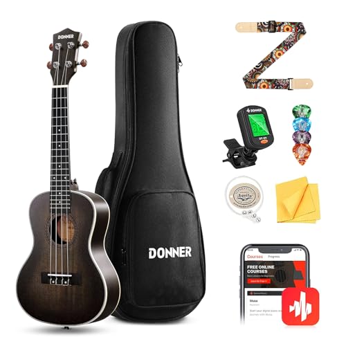 Donner Konzert-Ukulele 23 Zoll Mahagoni DUC-200D Dunkel Profi Ukulele-Set für Erwachsene/Anfänger, inkl. Online-Unterricht, Gigbag, Aquila-Saiten, Plektrum, Stimmgerät, Gurt, Reinigungstuch