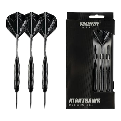 Champify *NEU 23g Messing Darts Set “Nighthawk” mit Stahlspitze | 3 Dartpfeile mit 6 Schäften & Flights | inkl. weiteres Zubehör | Dartpfeile mit Stahlspitzen ideal für Dart Anfänger