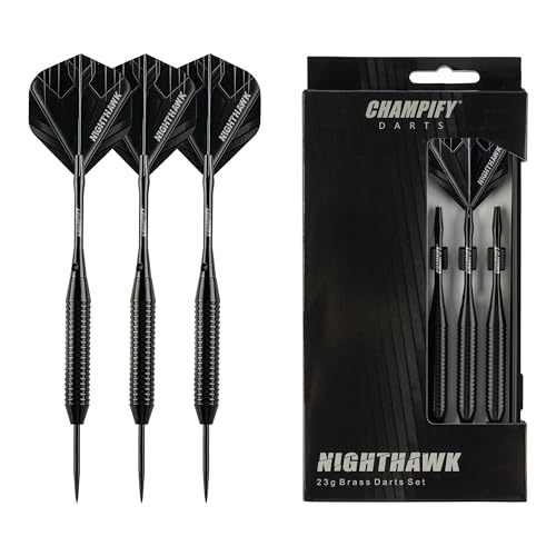 Champify® Messing Darts Set “Nighthawk” mit 23g Barrel und Stahlspitze | 3 Dartpfeile mit 6 Schäften & Flights | inkl. weiteres Zubehör | Dartpfeile mit Stahlspitzen ideal für Dart Anfänger