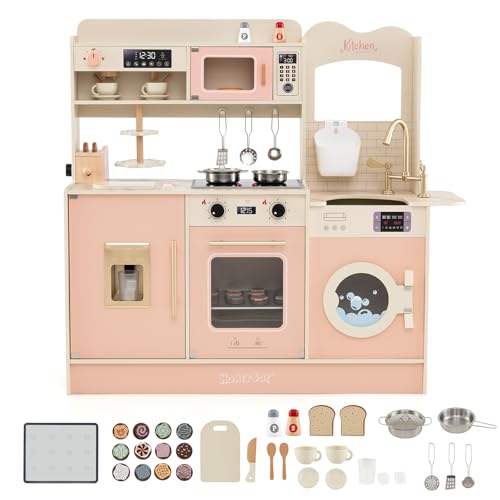 COSTWAY Kinderküche, Spielküche mit 22 Zubehörteilen, Holzküche mit Herd, Wasserhahn, Mikrowelle, Kaffeemaschine, Toaster & Eisspender, Licht und Sound, Spielzeugküche für Kinder ab 3 Jahren (Rosa)