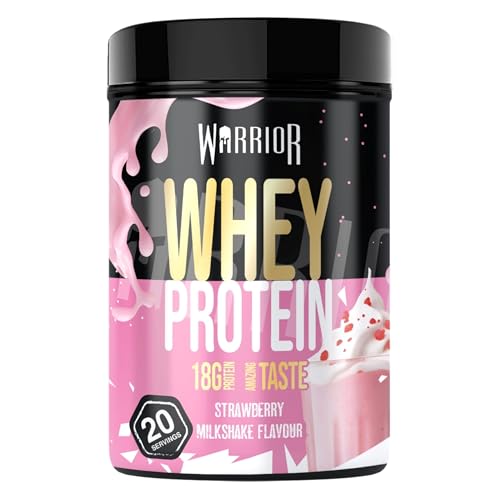 Warrior Whey Proteinpulver 500 g (bis zu 36 g Shake) – Muskelaufbau- und Erholungsgetränk – zum Genießen nach dem Training – köstlich und reich an Aminosäuren – 20 Portionen (Erdbeer-Milchshake)