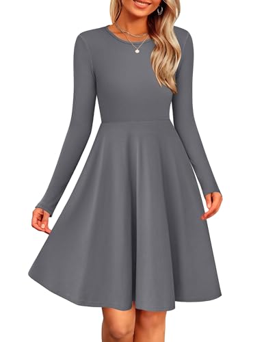 Zeagoo Strickkleid Damen Langarm Elegant A-Linie Kleider Casual Rundhals Herbstkleid Warm Winterkleid Leichte Pulloverkleid Dunkelgrau M