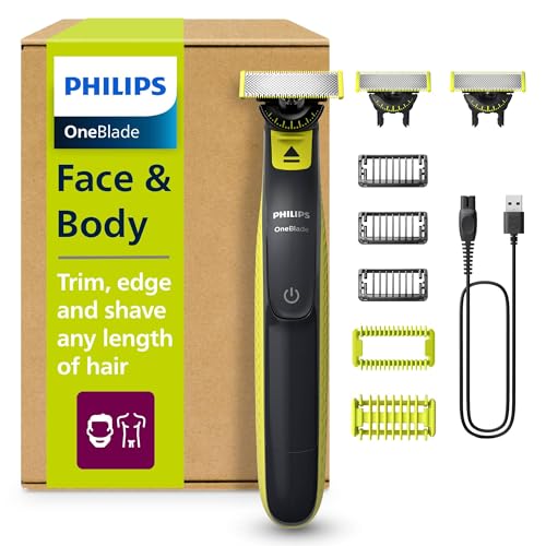 PHILIPS OneBlade 360 Face & Body - elektrischer Rasierer, Trimmer & Bodygroomer, 3x 360 Klingen, 3x Trimmaufsätze (1/3/5 mm), 2x Körperaufsätze, Nass- & Trockenrasur für Gesicht & Körper (QP2824/31)
