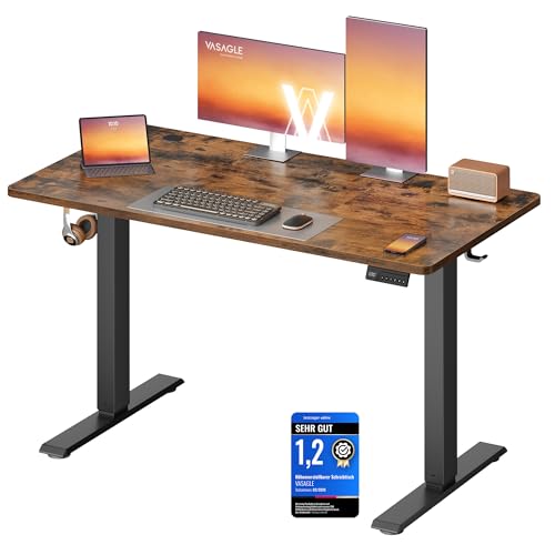 VASAGLE Höhenverstellbarer Schreibtisch, Stehtisch, Computertisch, Erinnerung bei langem Sitzen, Memory-Funktion mit 4 Höhen, für Büro, 120 x 60 cm, vintagebraun LSD312KD03