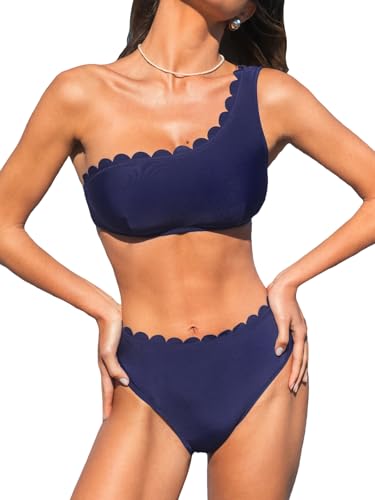 CUPSHE Damen Bikini Set One Shoulder Wellenkante Mid Waist Bikini Asymmetrische Bademode Zweiteiliger Badeanzug Swimsuit Navy Blue M