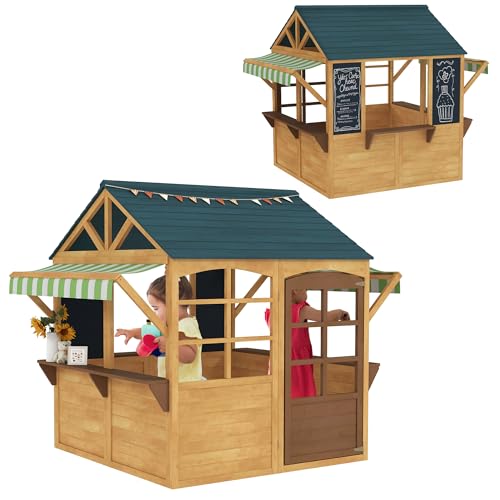 AIYAPLAY Spielhaus aus Holz Faltbar Kinderspielhaus Outdoor mit Fenstern, Tür, Fensterbank, Regenkappen, Kinderhaus, Gartenhaus für Kinder 3-8 Jahre