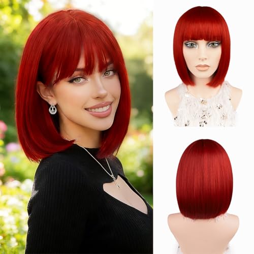 JIAMEISI Kurze Rote Bob-Perücke mit Pony, 30cm Glatte Rote Bob-Perücke Für Frauen, Hitzebeständige Synthetische Faser Natürlich Aussehend, Alltag, Cosplay, Halloween, Weihnachten Party (Rot)