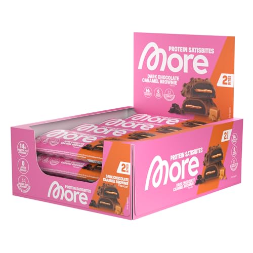 MORE Protein Satisbites, 12er Box Proteinriegel, 12 x 2 x 25 g, Dark Chocolate Caramel Brownie, bis zu 16 g Protein pro Portion, ohne Zuckerzusatz, made in Germany