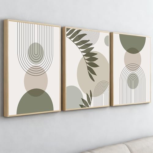 PWAAHDC Wandbilder Wohnzimmer Modern – 3er Set Leinwandbilder mit Rahmen 30x40cm – Große Abstrakte Boho Bilder in Grün – Gerahmte Kunstdrucke für Schlafzimmer & Wohnzimmer Deko