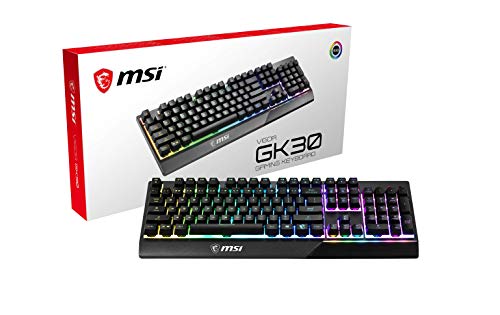 MSI Vigor GK30 Gaming-Tastatur (DE-Layout) QWERTZ - Mechanische Membran-Switches, wasserfest, RGB Mystic Light, Beleuchtungs- & Media-Hotkeys, rutschfeste Game Base, vergoldeter USB 2.0 - Full-Size