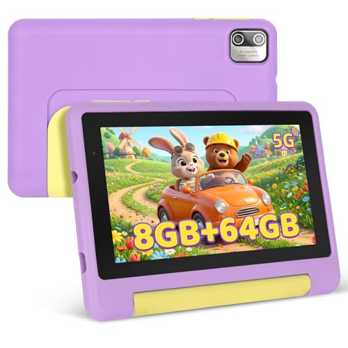 MUISOO 7 Zoll Kinder Tablet mit Hülle, Android Tablet für Kinder, Quad Core Prozessor, 1024x600 HD-Display, 8GB+64GB(128GB TF Expand), WiFi 6, BT5.2, Dual-Kamera Android Tablets, Lila