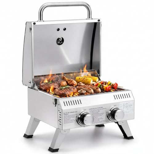 ROVSUN 4,4 kw Gasgrill Campingmit 2 Brenner Campinggasgrill mit Deckel & Thermometer 61x43x40 cm, Tischgrill für Hinterhof, Terrasse, Camping, Strand & Picknick