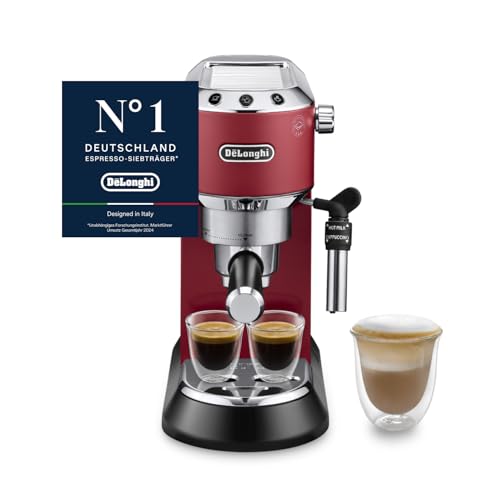 De'Longhi Dedica Style - Perfetto Kompakte Siebträgermaschine Espressomaschine mit Tasten, manuellem Milchaufschäumer für Espresso und Cappuccino, ESE Pad geeignet, 15cm breit, Rot (EC685.R)