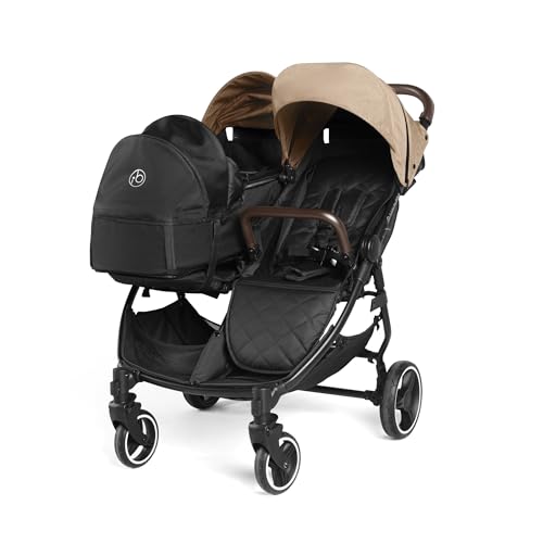 Ickle Bubba Venus Prime Doppelkinderwagen - geeignet von Geburt bis 15 kg (ca. 3 Jahre), leichter, faltbarer Zwillingskinderwagen mit Neugeborenenkokon, 2 Fußwärmern und Regenschutz (Kekse)