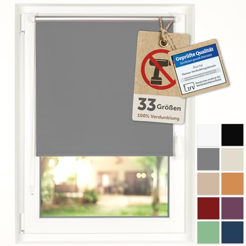 Blumtal Verdunkelungsrollo ohne Bohren 95x130cm - Thermorollo/Verdunklungsrollo 100% Verdunkelung - Klemmrollos für Fenster ohne Bohren - 4-lagiges Rollo UV-beständig - Sonnenrollo Fenster Grau