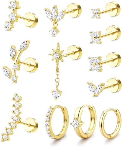 Milacolato 12Pcs Helix Piercings Chirurgenstahl Ohrringe Gold Piercing Ohrstecker Set Tragus Piercing Silber Hypoallergen Rook Daith Conch Knorpel Ohrpiercing Helix Piercings Ohr Schmuck für Damenfgw