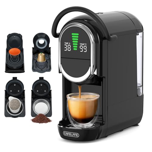 CAFELFFE Automatische Kaffeepadmaschine, 4-in-1-Kapselkaffeemaschine mit einstellbarer Temperatur und 7 voreingestellten Brühzeiten, 19-Bar-Espressomaschine für NES/DG/ESE/gemahlenen Kaffee, schwarz