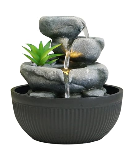 Dehner Zimmerbrunnen Lono, Brunnen mit LED Beleuchtung, ca. Ø 21 cm, Höhe 21 cm, Polyresin, grau / schwarz
