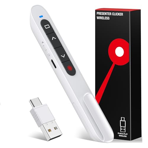 Wiederaufladbare USB C Presenter, 2.4 GHz Kabellose Roter Laserpointer, Hyperlink, Switch Windows, Lautstärkeregelung, 2 Wochen Spieldauer, Batterieanzeige, Präsentation für Windows 7/10/11, Macbook